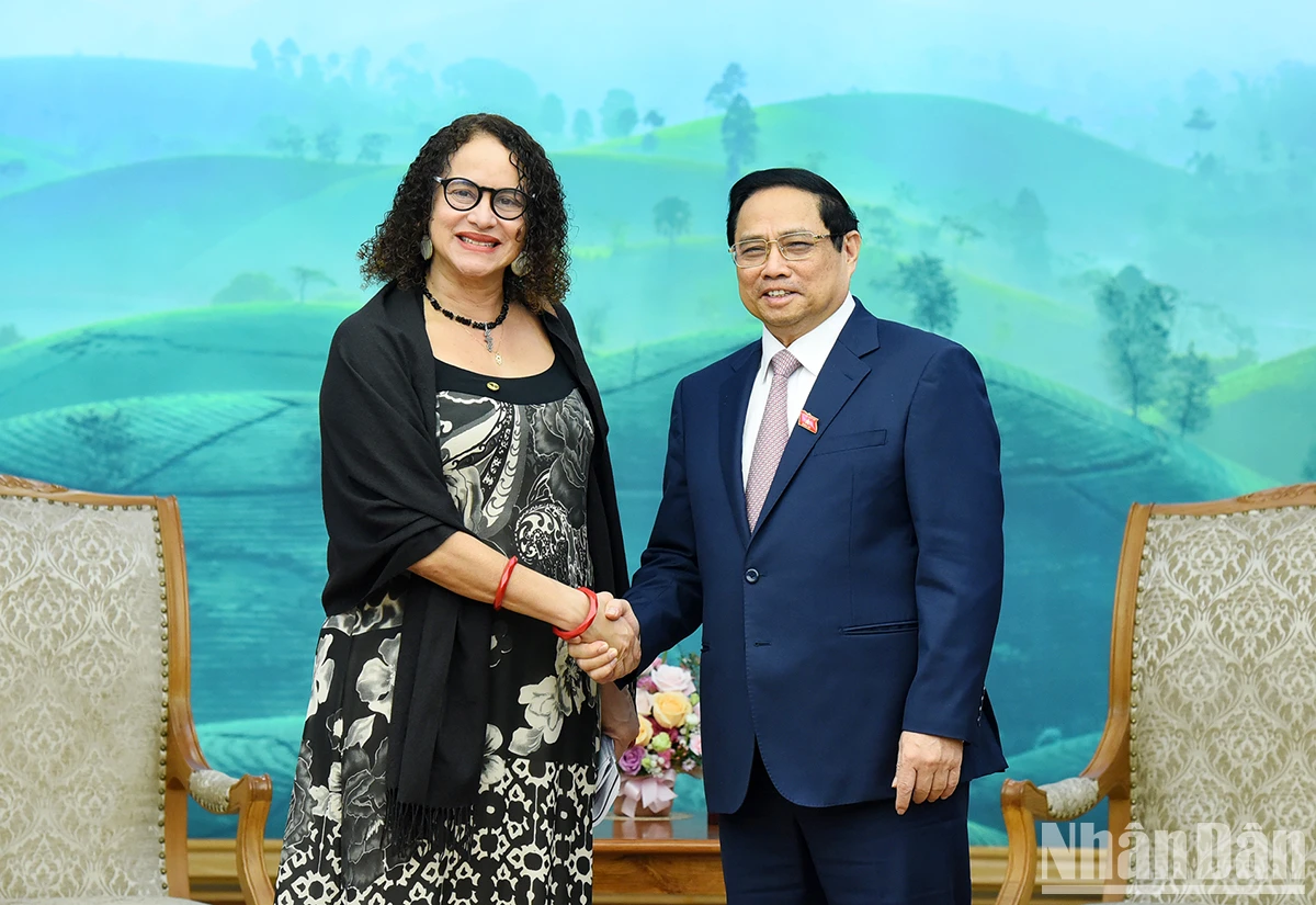 越南政府总理范明正欢迎巴西共产党主席、巴西科技创新部部长卢西亚娜·桑托斯。（陈海 摄）