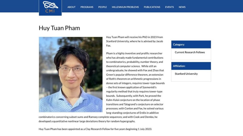 美国克雷数学研究所宣布向越南博士生范俊辉颁发研究奖学金。 