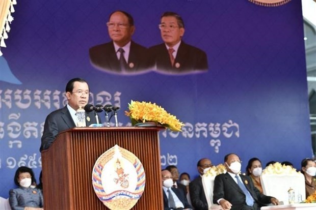 柬埔寨人民党（CPP）主席洪森于 2022 年 6 月 28 日在金边举行的纪念 CPP 成立 71 周年的集会上发表讲话。