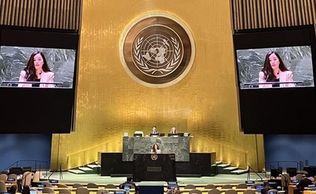 越南常驻联合国代表团副团长黎氏明钗公使参赞出席会议并发表讲话。