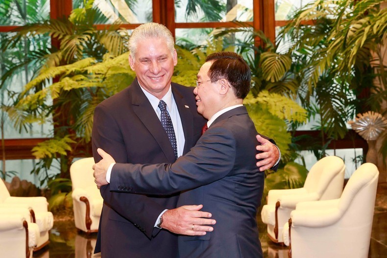 越南国会主席王廷惠会见古巴共产党中央委员会第一书记、国家主席米格尔·迪亚斯-卡内尔。（图片来源：越通社）