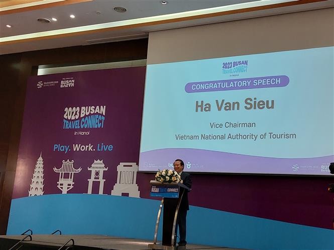 越南旅游局副局长何文超发表讲话。（图片来源：越通社）