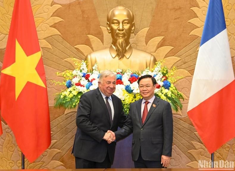越南国会主席王廷惠与法国参议院议长热拉尔·拉尔歇。（维玲 摄）