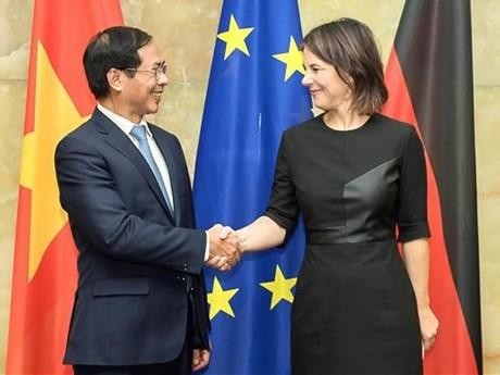 越南外交部长裴青山与德国外交部长安娜莱娜·贝尔伯克握手。