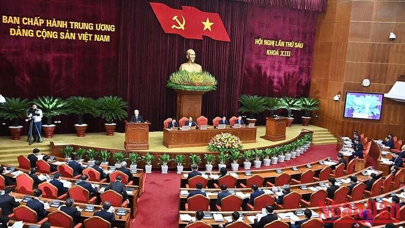 越南共产党第十三届中央委员会第六次全体会议现场。