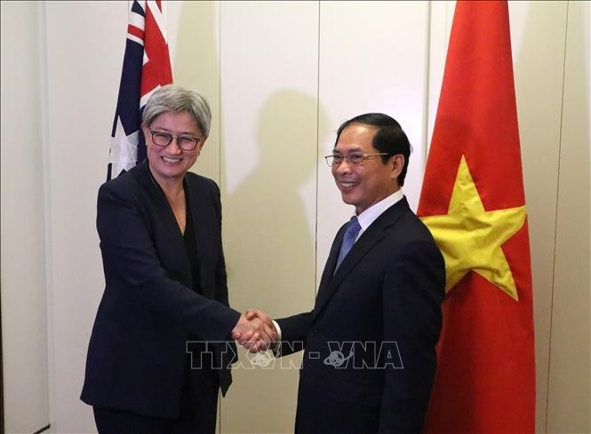 越南外交部长裴青山和澳大利亚外交部长黄英贤亲切地握手。