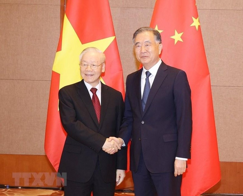 越共中央总书记阮富仲会见中国全国政协主席汪洋。（图片来源：越通社）
