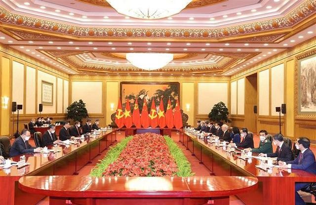 阮富仲总书记与中共中央总书记、中国国家主席习近平举行会谈。