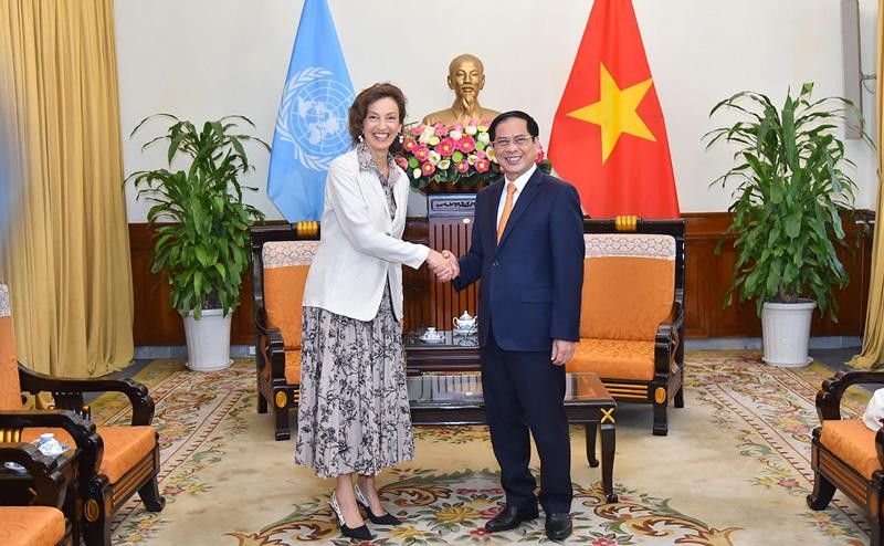 越南外交部部长裴青山会见联合国教科文组织总干事奥德蕾·阿祖莱。（图片来源：新河内报）