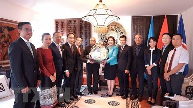 黎氏雪梅大使一行祝贺老挝国庆47周年。（图片来源：越通社）
