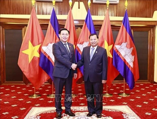 越南国会主席王廷惠与柬埔寨参议院主席赛冲。（图片来源：越通社）