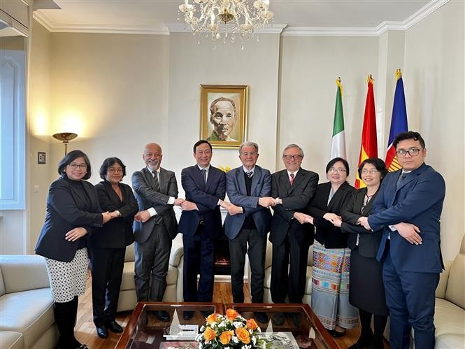 越南驻意大利大使杨海兴与东盟各国大使和意大利—东盟协会领导合影。（图片来源：越通社）