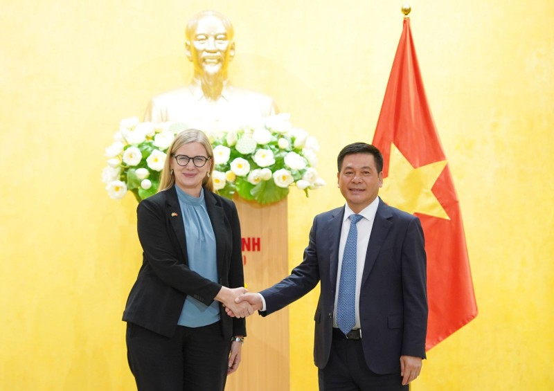 越南工贸部部长阮鸿延与瑞典驻越南大使安·茂维握手。（图片来源：工贸部）