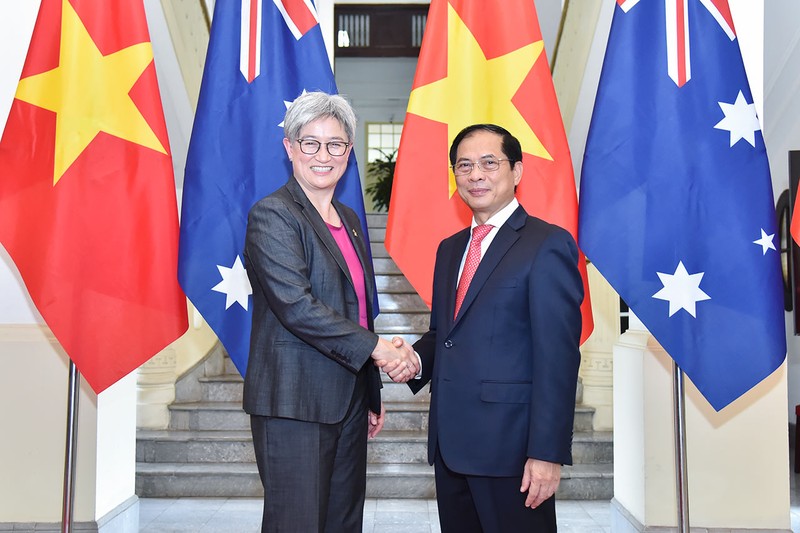 越南外交部部长裴青山与澳大利亚外交部部长黄英贤亲切会见。