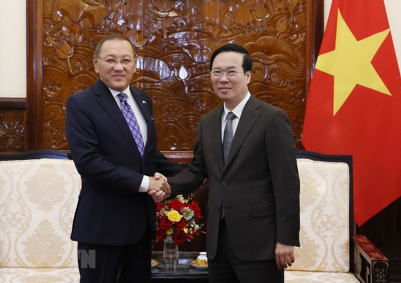 越南国家主席武文赏在主席府会见哈萨克斯坦驻越南大使叶尔兰·拜扎诺夫。（图片来源：越通社）