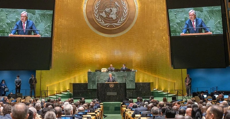 联合国秘书长安东尼奥·古特雷斯第78届联合国大会一般性辩论上发表讲话。（图片来源：UN）