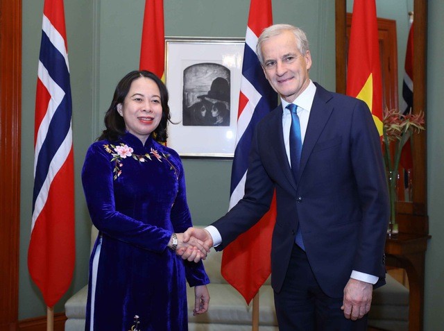 越南国家副主席武氏映春与挪威首相乔纳斯·加尔·斯托雷。（图片来源：VGP）
