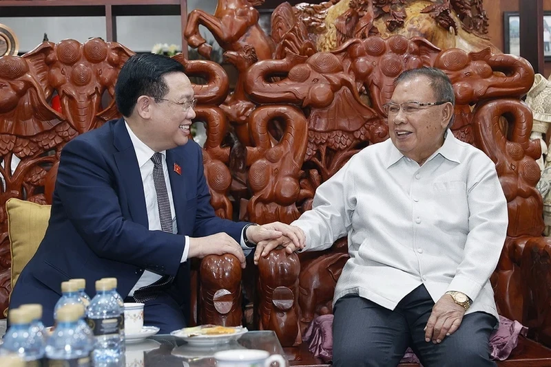 越南国会主席王廷惠拜访了前老挝人民革命党中央前总书记、前老挝国家主席本扬•沃拉吉。