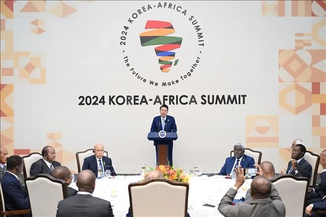 韩国总统尹锡烈（中）于2024年6月4日在首尔举行的韩非峰会上发表讲话。 （图片来源：韩联社/越通社）