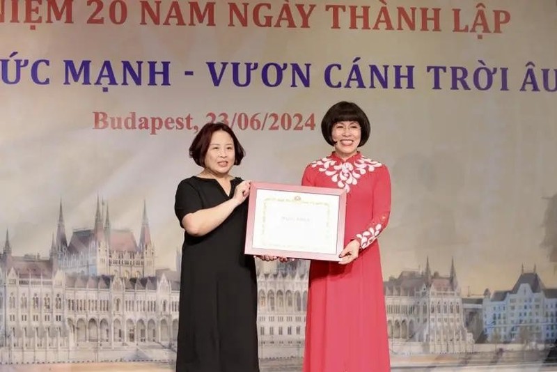 旅匈越南妇女协会会长潘碧善荣获外交部长授予的奖状。（图片来源：越通社）