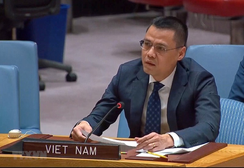 越南驻联合国代表团团长邓黄江大使在讨论会上发言。（图片来源：越通社）