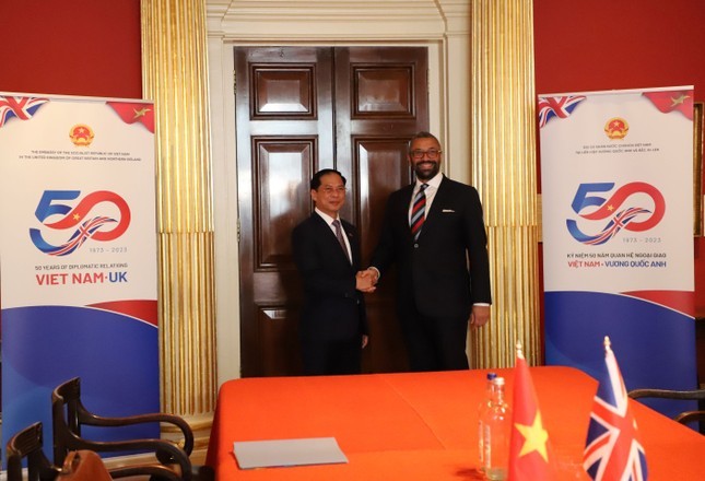 越南外交部长裴青山会见英国外交大臣。（图片来源：越通社）