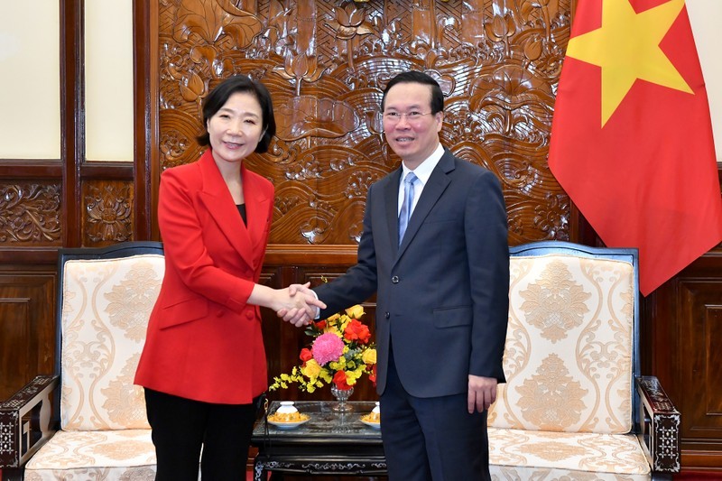 越南国家主席武文赏会见韩国驻越南大使吴英珠。