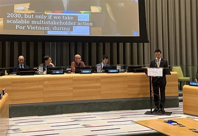 越南常驻联合国代表团团长邓黄江大使在辩论会上发表讲话。（图片来源：越通社）