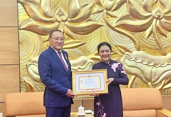 越南向哈萨克斯坦驻越大使授予和平友谊奖章。（图片来源：越通社）