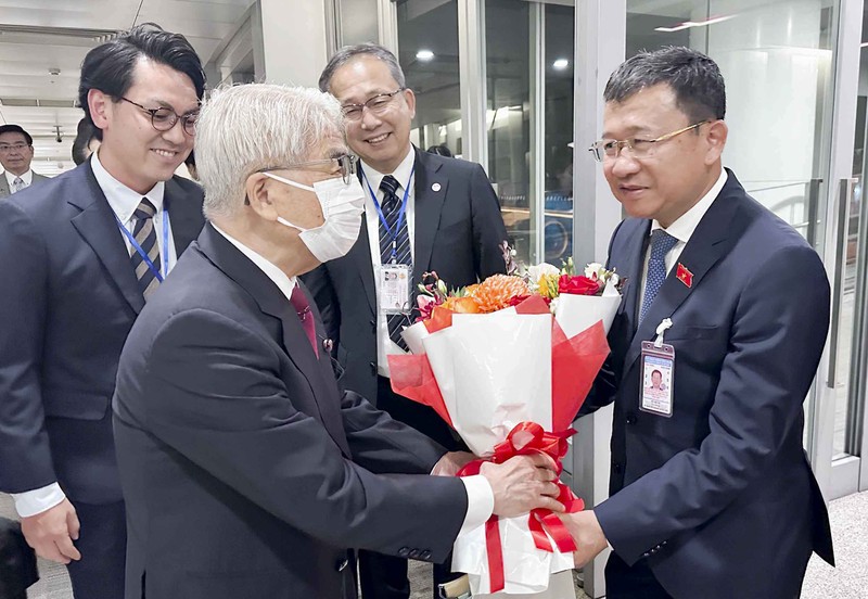 越南国会对外委员会主任武海河在内排国际机场迎接日本参议院议长尾辻秀久。（图片来源：国会官网）