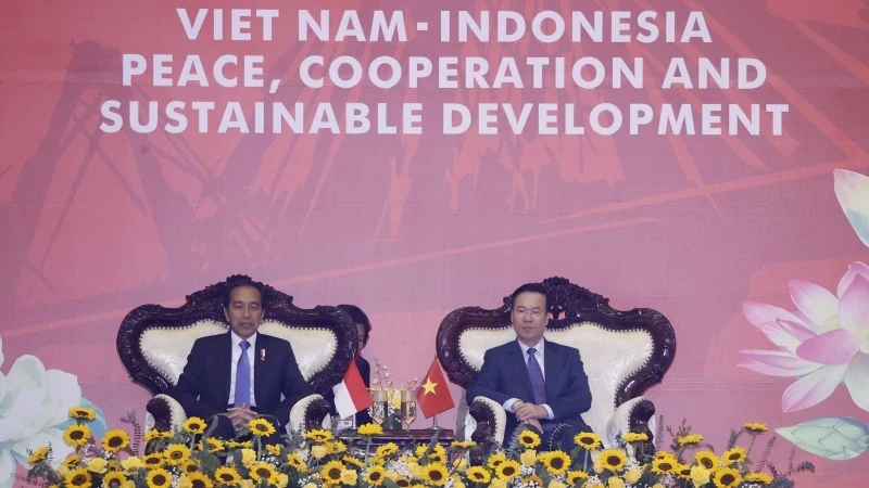 武文赏主席同印尼总统佐科·维多多观看武术表演节目。