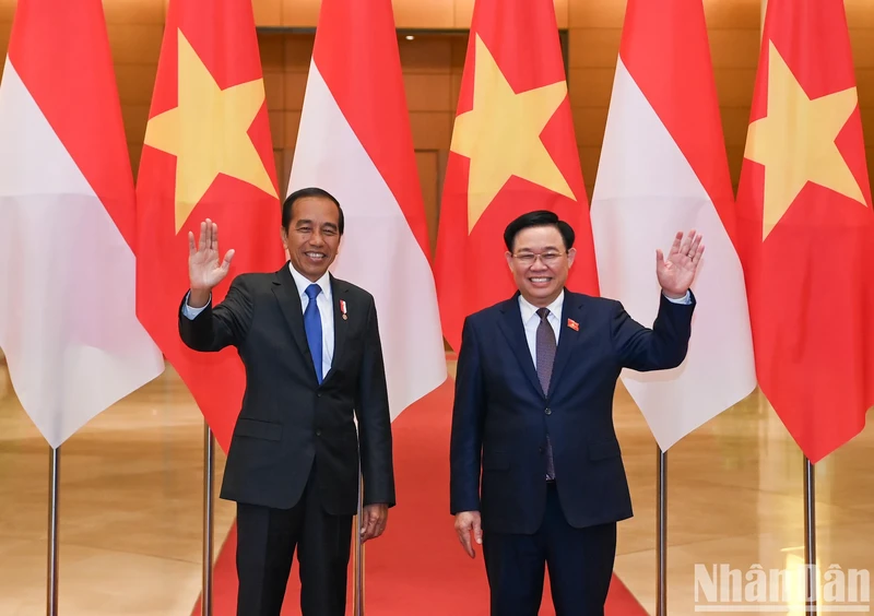 越南国会主席王廷惠和印尼总统佐科·维多多合影留念。