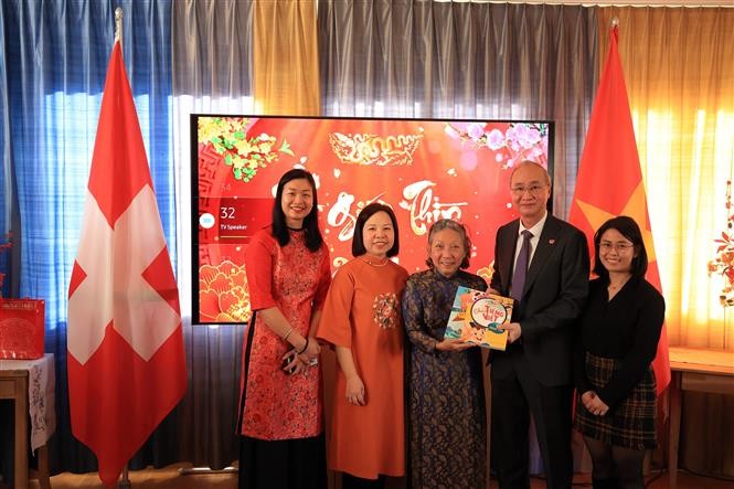 越南驻瑞士大使冯世隆在越南驻瑞士大使馆举行的喜迎2024年甲辰龙年春节。（图片来源：越通社）