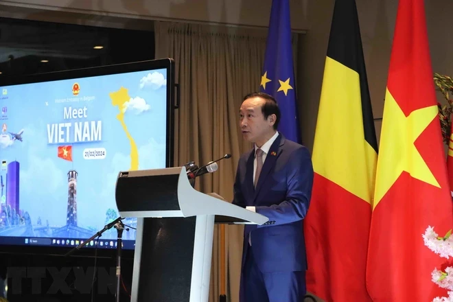 越南驻比利时大使阮文草在活动上发言。（图片来源：越通社）