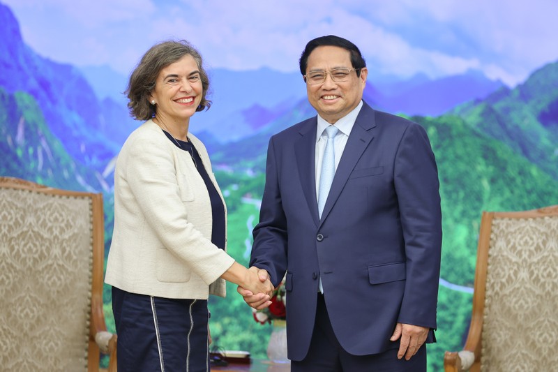 越南政府总理范明正与西班牙新任驻越南大使卡门·卡诺·德拉萨拉亲切握手。