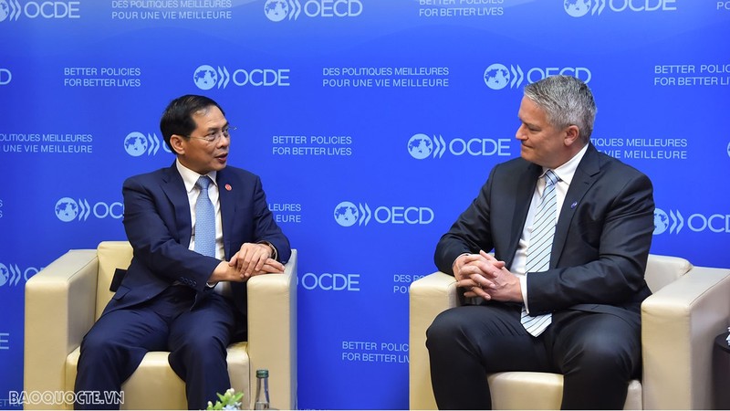 越南外交部部长会见经济合作与发展组织秘书长马蒂亚斯·科尔曼。（图片来源：国际报）