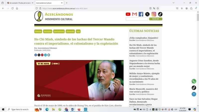 阿根廷网站Acercandonos Cultura发布题为“胡志明主席——第三世界反帝国主义和殖民主义斗争的象征”的文章。（图片来源：越通社）