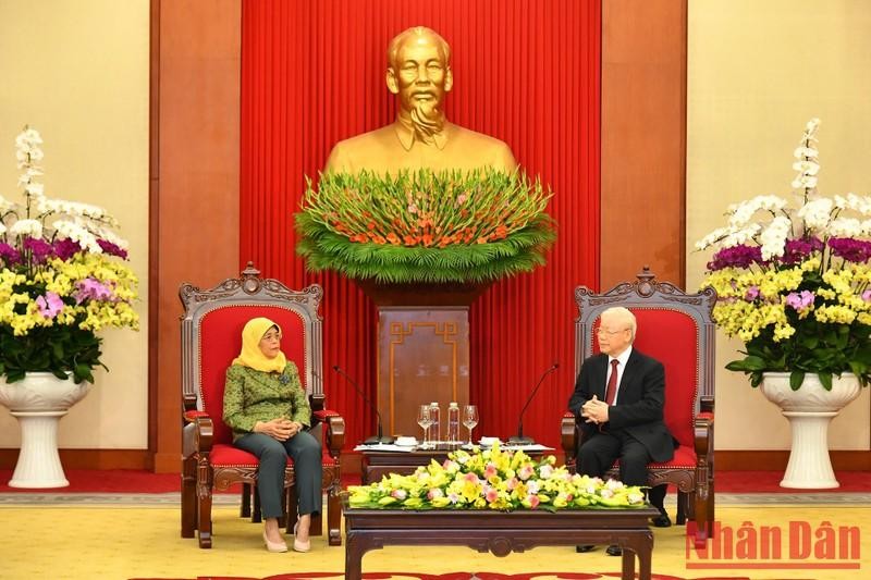 越共中央总书记阮富仲会见新加坡总统哈莉玛·雅各布。（登科 摄）