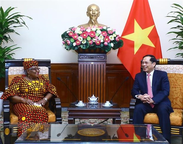 越南外交部长裴青山会见世贸组织总干事恩戈齐·奥孔乔-伊维拉。