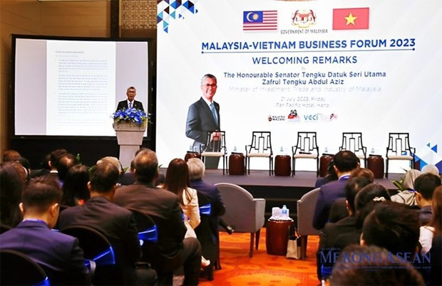 马来西亚总理安瓦尔·易卜拉欣在越南与马来西亚企业论坛上发言。