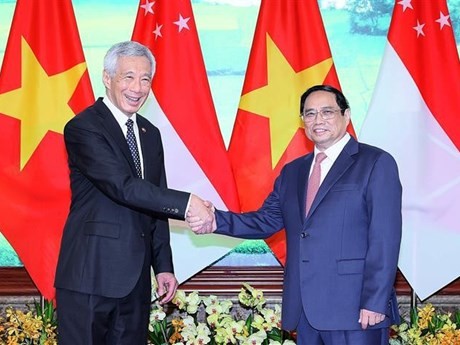 越南政府总理范明正与新加坡总理李显龙合影。
