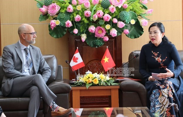 太原省省委书记阮青海与加拿大驻越大使肖恩·斯泰尔进行交谈。