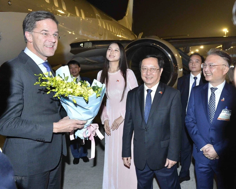 越南科技部部长黄成达，越南驻荷兰大使吴向南一同到机场迎接荷兰王国首相马克·吕特。