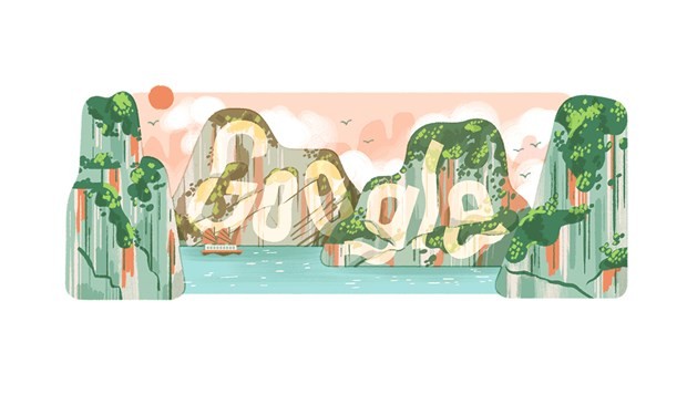 谷歌于12月17日在主页上展示的定制版谷歌图标为下龙湾诗情画意的景观。（图片来源：屏幕截图）