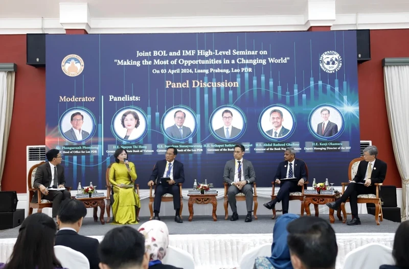 越南国家银行行长阮氏红出席国际货币基金组织在老挝举办的研讨会。