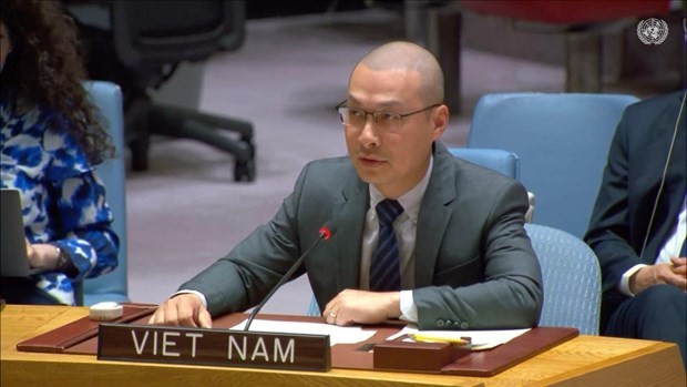 越南常驻联合国代表团临时代办阮黄原公使在辩论会上发表讲话。