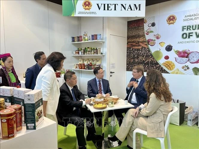 越南驻意大利大使杨海兴与意大利果蔬展览会主席伦佐·皮拉奇尼在越南展位直接交谈。（图片来源：越通社） 