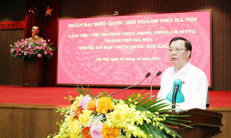 越共中央政治局委员、河内市委书记、河内市国会代表团团长丁进勇发表讲话。
