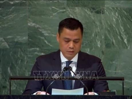 越南常驻联合国代表团团长邓黄江大使在联合国大会上发言。