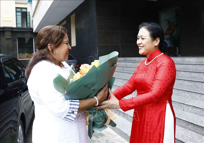 越南友好组织联合会主席阮芳娥大使会见阿玛雷耶女士。